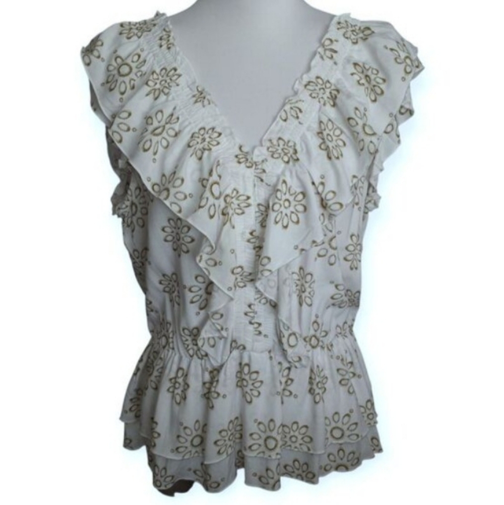 CeCe Floral Ruffle White & Green Blouse Sz.M EUC. - Picture 3 of 8